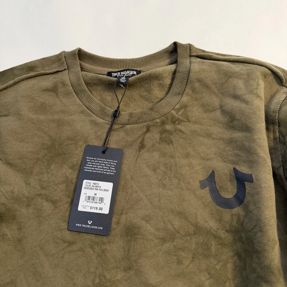 True Religion Men S Camo Green Tie Dye‎ Debossed Rib Pullover Crew Sweatshirt M
